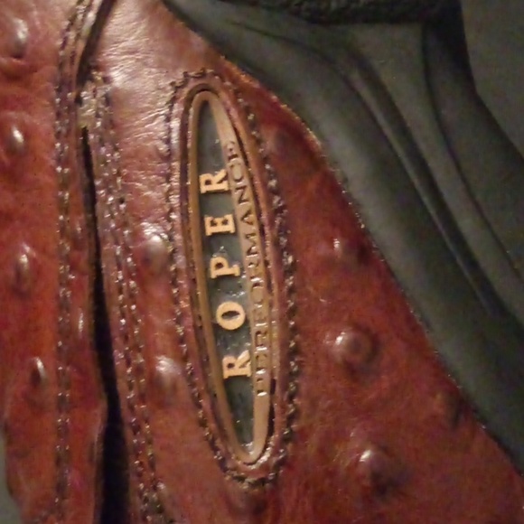 Roper Mens Performance Sport Slip-Ons Cognac Tan Faux Ostrich Leather Shoes - Picture 3 of 10